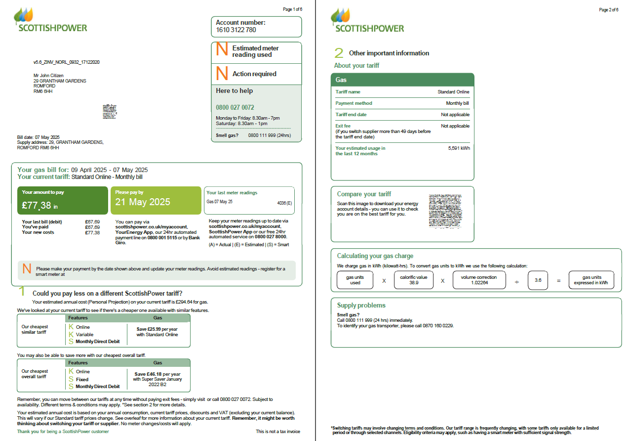 Scotland Scottish Power utility bill template in Word and PDF formats, 6 pages, 1 2 pages